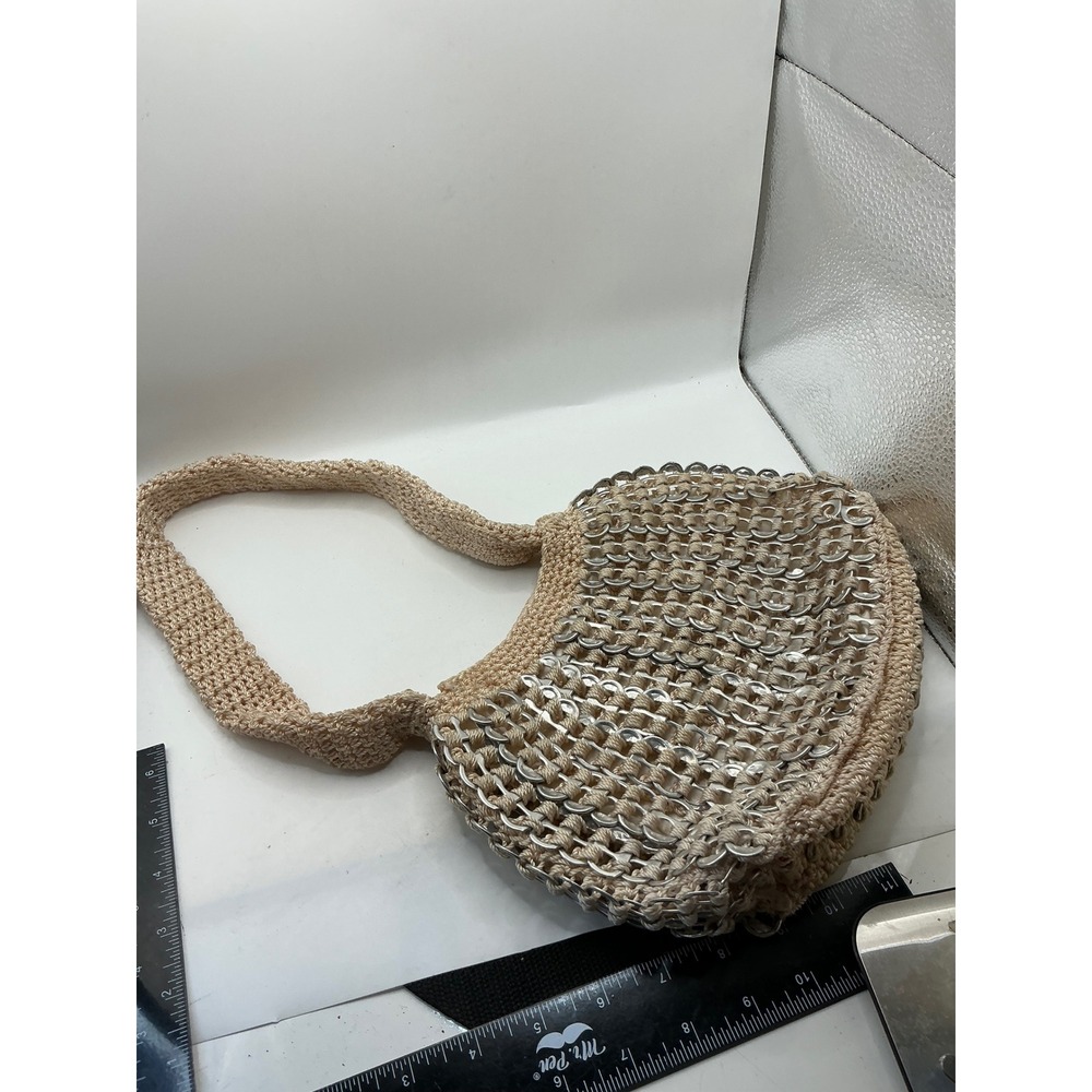Handmade Soda Pop Tab Crochet Shoulder Bag Beige Metallic Recycled Eco Friendly - Picture 7 of 13